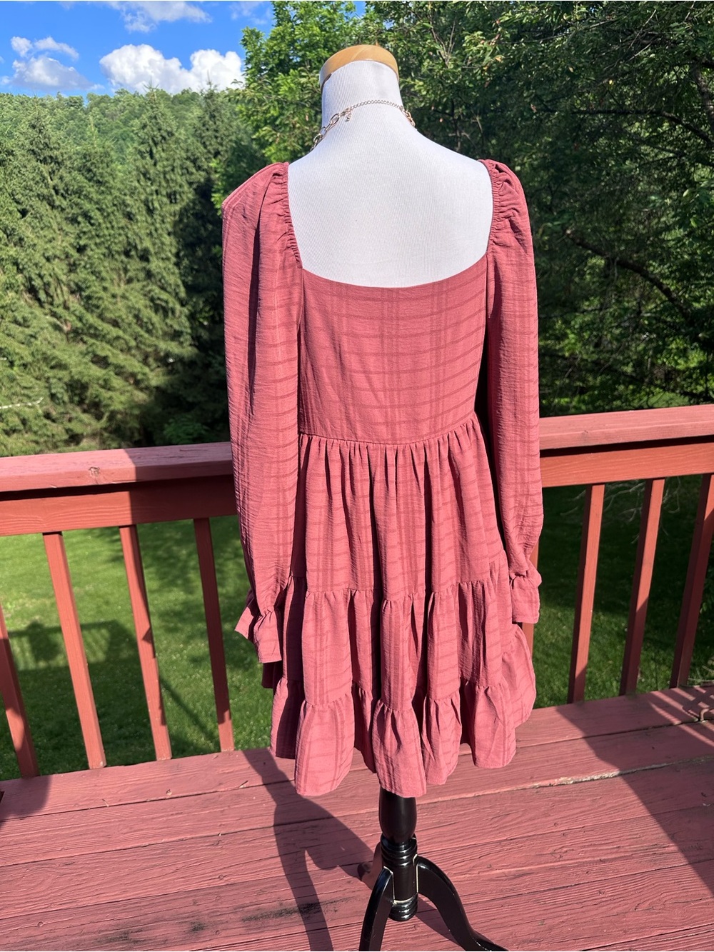 NWT! Altar'd State Dusty Rose Puff-Sleeve Tiered V-Neck Dress - Picture 3 of 4